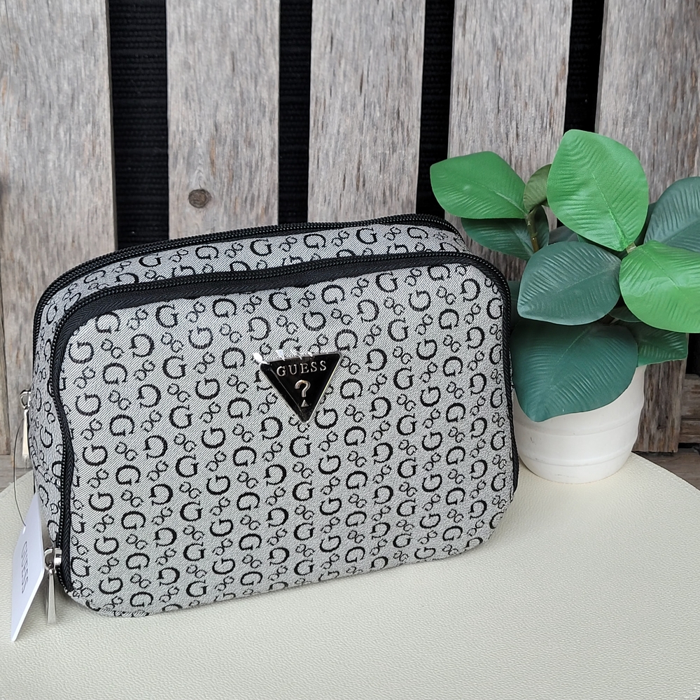 Guess Faux Leather Monogram Black and Gray Travel Bag - Picture 1 of 12